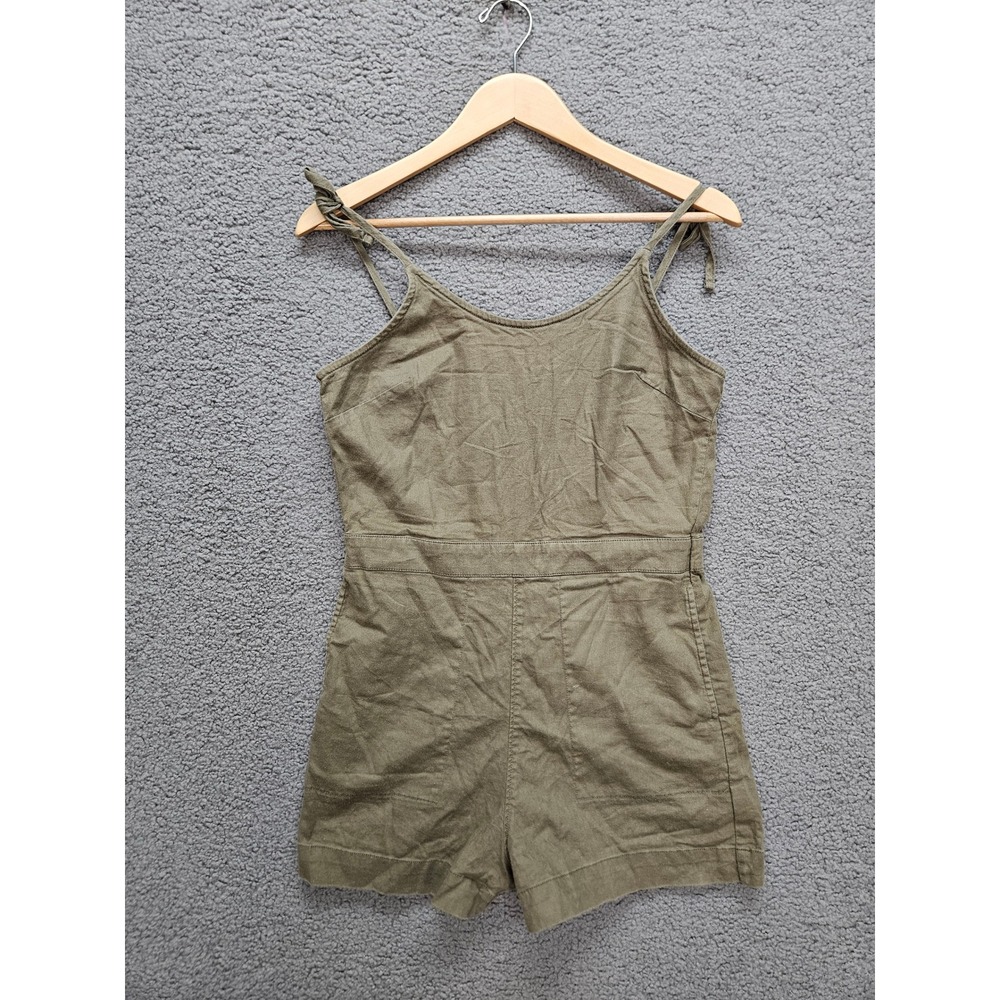 UpWest Romper Small Olive Green Hemp Blend Tie Strap Utility Boho Pockets